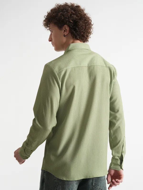 Highlander Men Olive Striped Slim Fit Casual Shirt