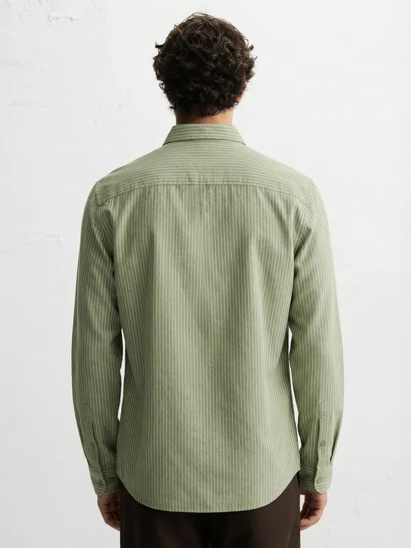 Highlander Men Olive Striped Slim Fit Casual Shirt