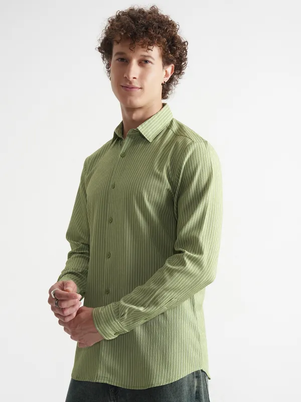 Highlander Men Olive Striped Slim Fit Casual Shirt