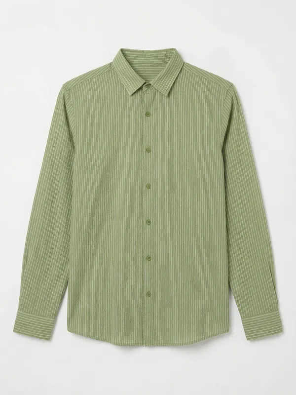 Highlander Men Olive Striped Slim Fit Casual Shirt