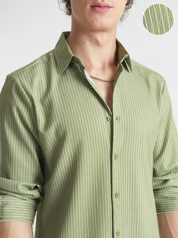Highlander Men Olive Striped Slim Fit Casual Shirt