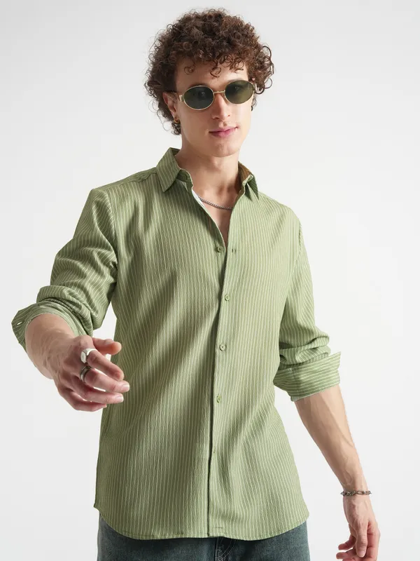 Highlander Men Olive Striped Slim Fit Casual Shirt