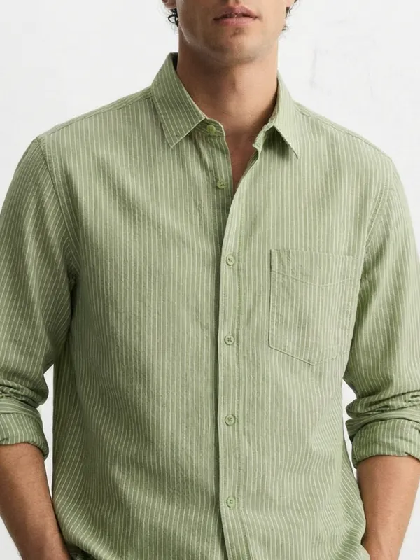 Highlander Men Olive Striped Slim Fit Casual Shirt
