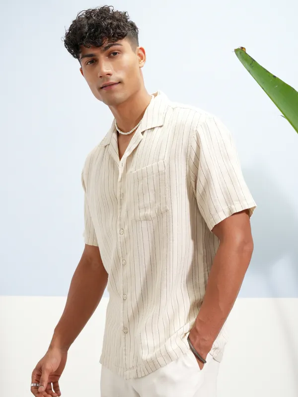 Highlander Men Beige Striped Relaxed Fit Casual Shirt