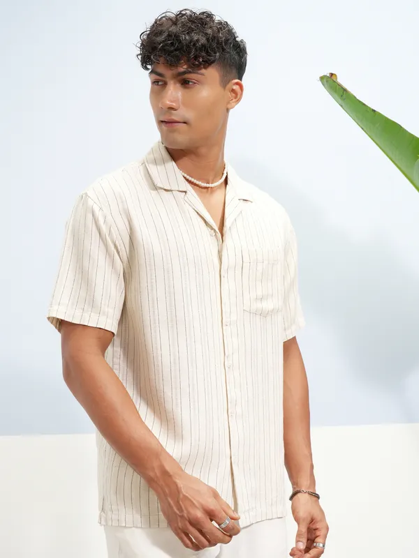 Highlander Men Beige Striped Relaxed Fit Casual Shirt