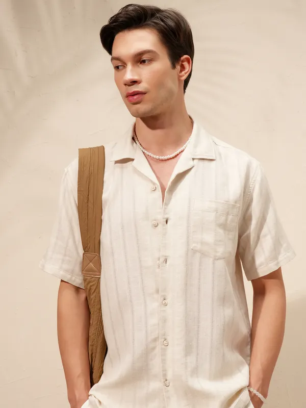 Highlander Men Beige Striped Relaxed Fit Casual Shirt