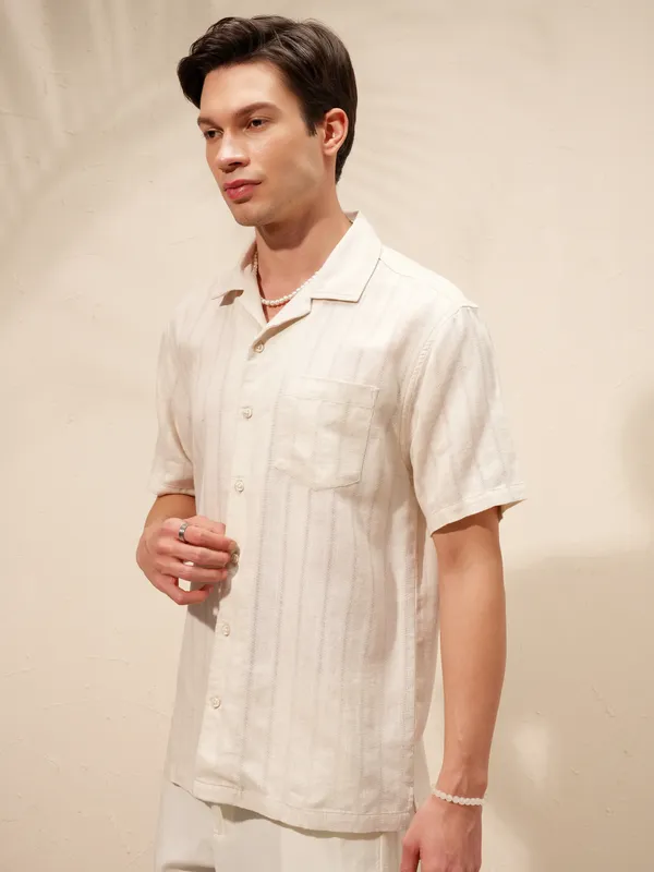 Highlander Men Beige Striped Relaxed Fit Casual Shirt