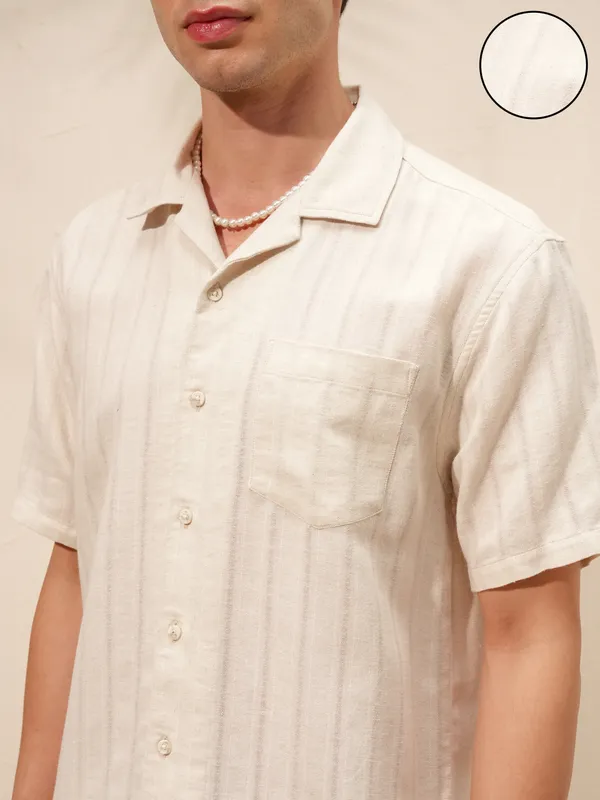 Highlander Men Beige Striped Relaxed Fit Casual Shirt