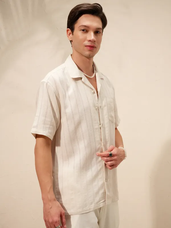 Highlander Men Beige Striped Relaxed Fit Casual Shirt