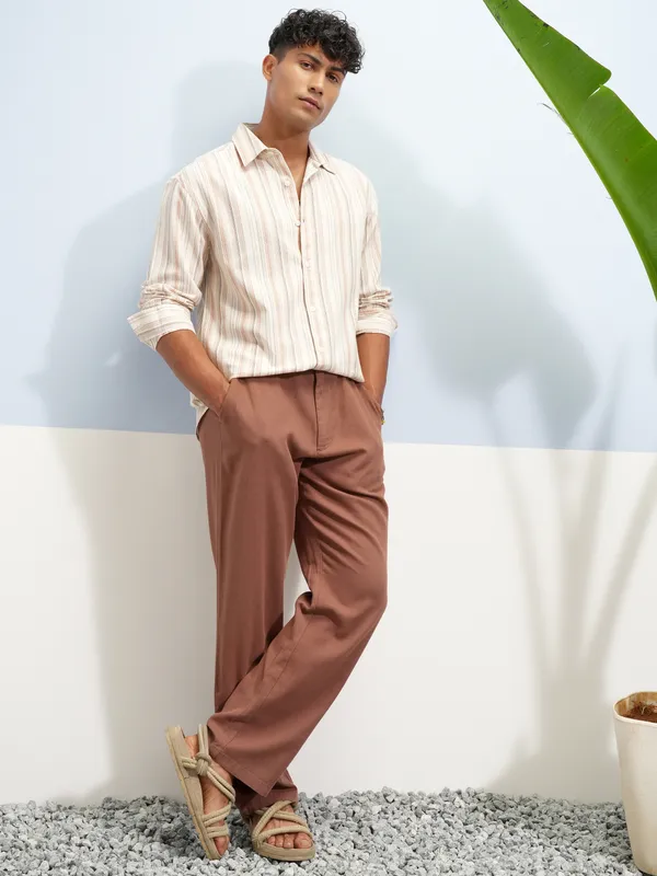 Highlander Men Cream Striped Relaxed Fit Casual Shirt