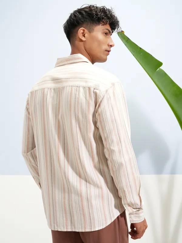 Highlander Men Cream Striped Relaxed Fit Casual Shirt