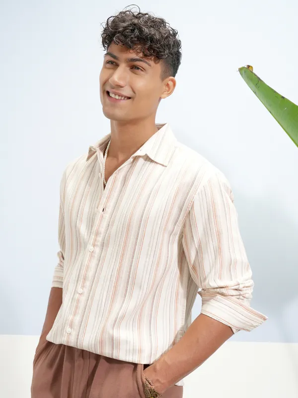 Highlander Men Cream Striped Relaxed Fit Casual Shirt