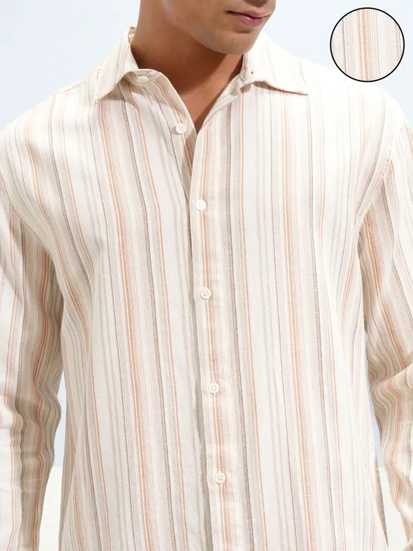Highlander Men Cream Striped Relaxed Fit Casual Shirt