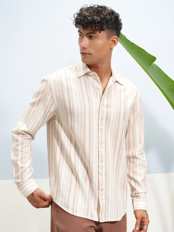 Highlander Men Cream Striped Relaxed Fit Casual Shirt