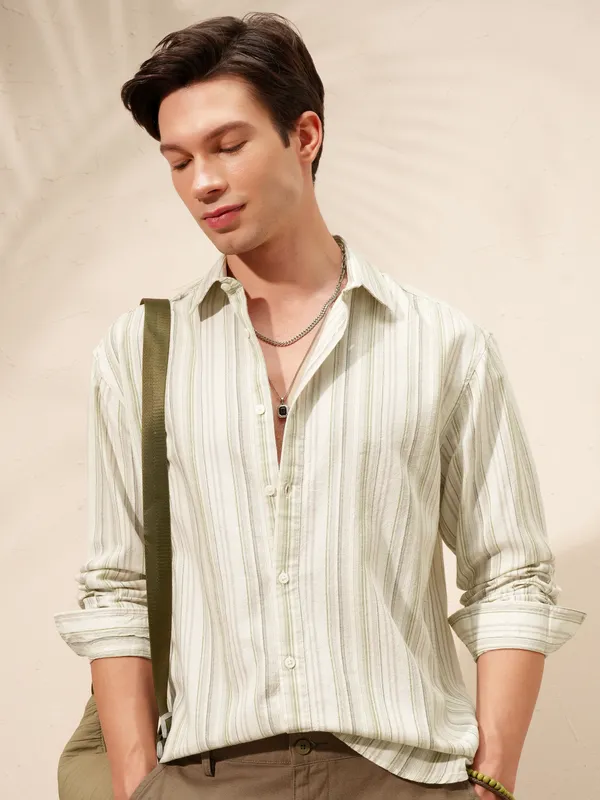 Highlander Men Cream Striped Relaxed Fit Casual Shirt