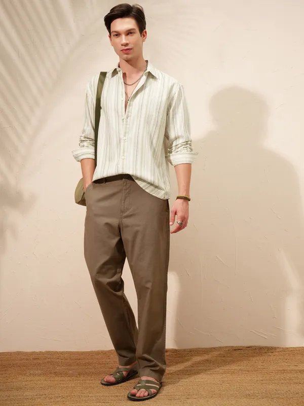 Highlander Men Cream Striped Relaxed Fit Casual Shirt