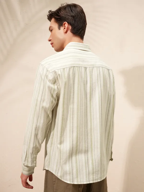 Highlander Men Cream Striped Relaxed Fit Casual Shirt