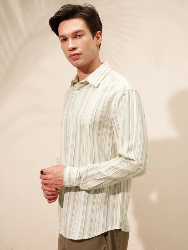 Highlander Men Cream Striped Relaxed Fit Casual Shirt