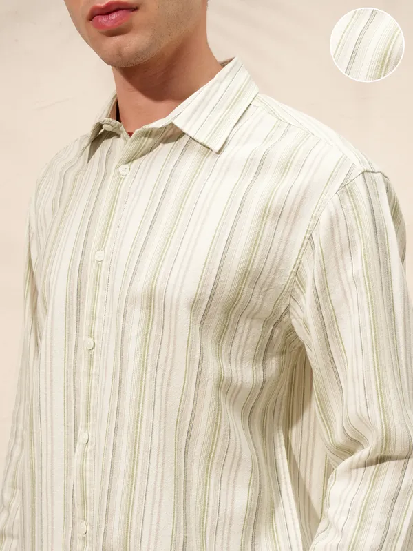 Highlander Men Cream Striped Relaxed Fit Casual Shirt