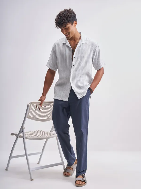 Highlander Men Grey Striped Relaxed Fit Casual Shirt