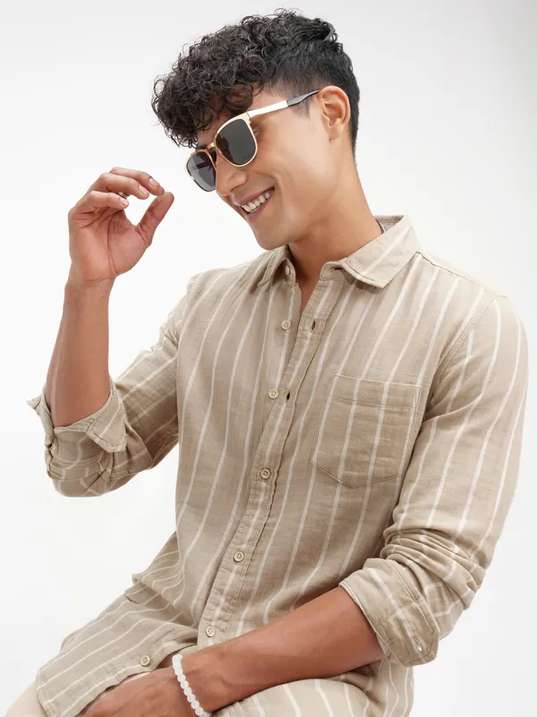 Highlander Men Khaki Striped Slim Fit Casual Shirt