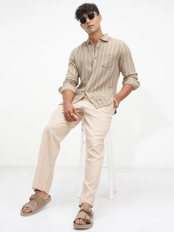 Highlander Men Khaki Striped Slim Fit Casual Shirt