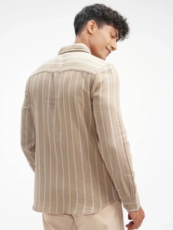 Highlander Men Khaki Striped Slim Fit Casual Shirt