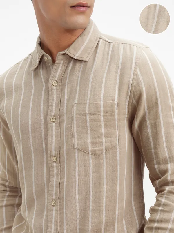 Highlander Men Khaki Striped Slim Fit Casual Shirt