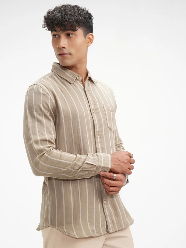 Highlander Men Khaki Striped Slim Fit Casual Shirt