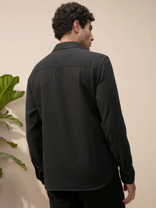 Highlander Men Black Self Design Slim Fit Casual Shirt