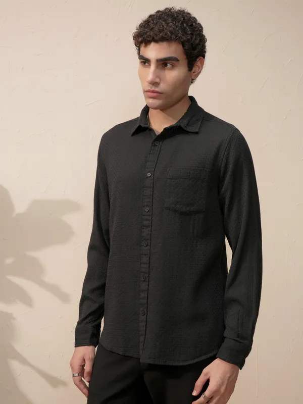 Highlander Men Black Self Design Slim Fit Casual Shirt