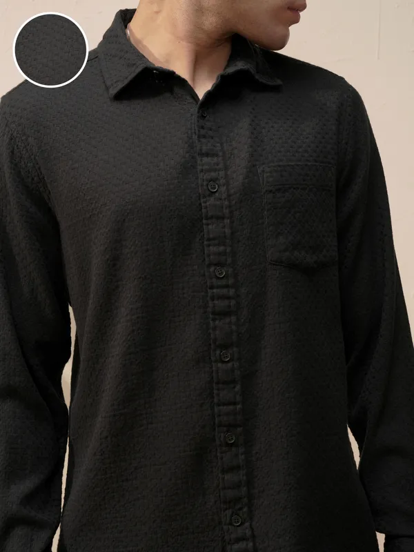 Highlander Men Black Self Design Slim Fit Casual Shirt