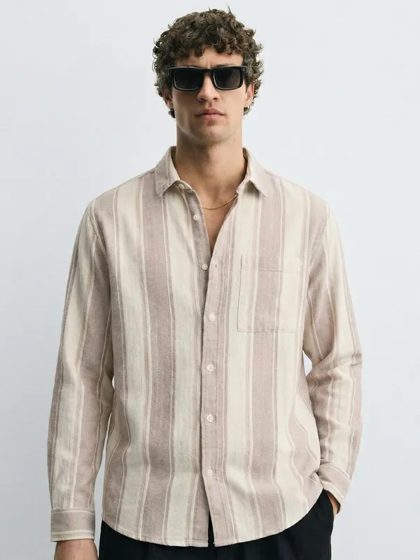 Highlander Men Beige Striped Relaxed Fit Casual Shirt
