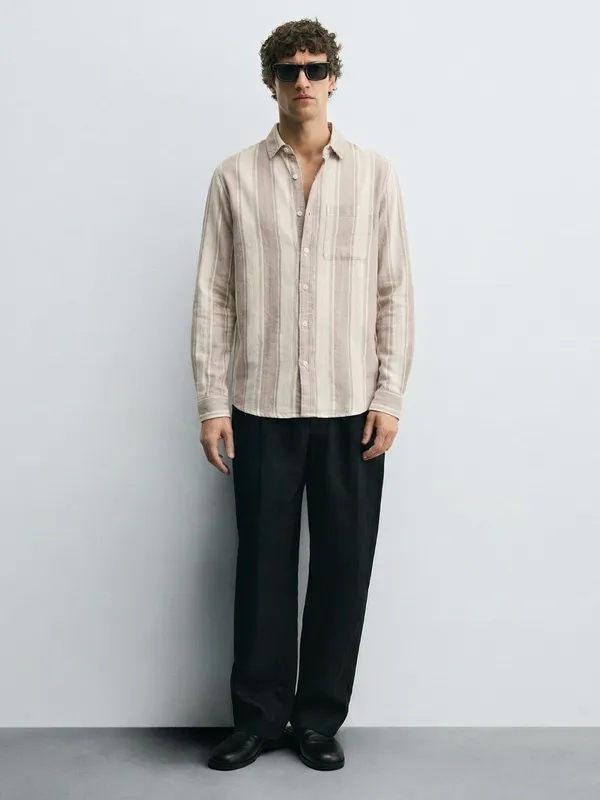 Highlander Men Beige Striped Relaxed Fit Casual Shirt