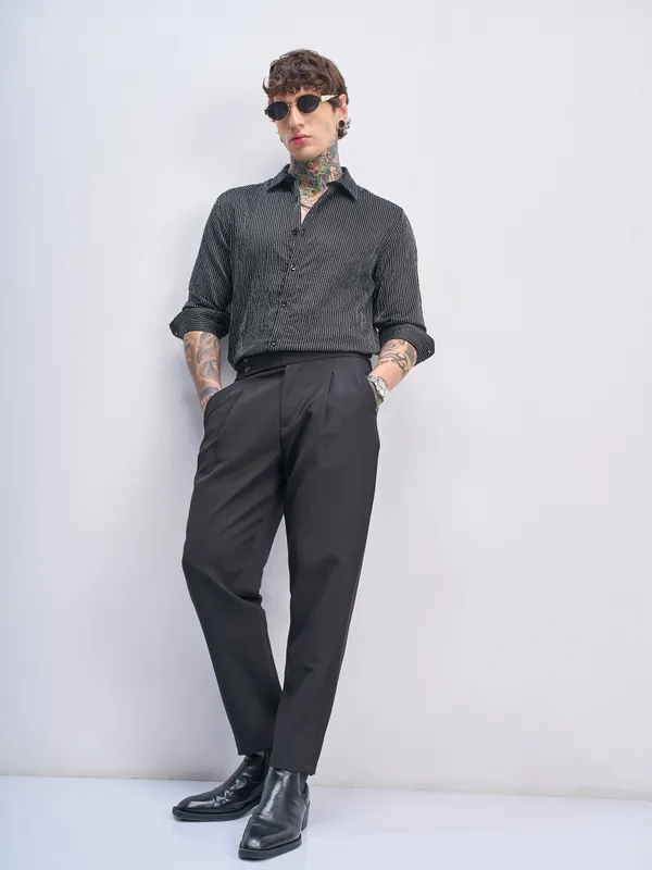 Highlander Men Black Striped Slim Fit Casual Shirt