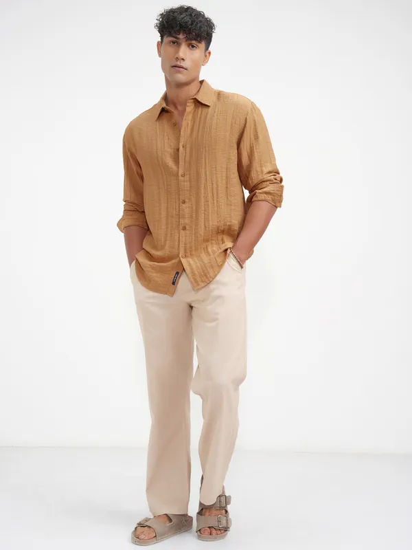 Highlander Men Mustard Self Design Relaxed Fit Casual Shirt