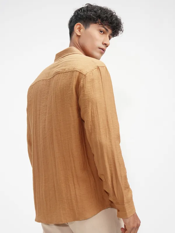 Highlander Men Mustard Self Design Relaxed Fit Casual Shirt