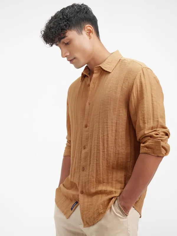 Highlander Men Mustard Self Design Relaxed Fit Casual Shirt