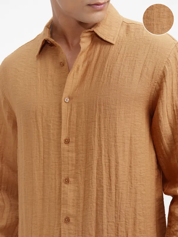 Highlander Men Mustard Self Design Relaxed Fit Casual Shirt