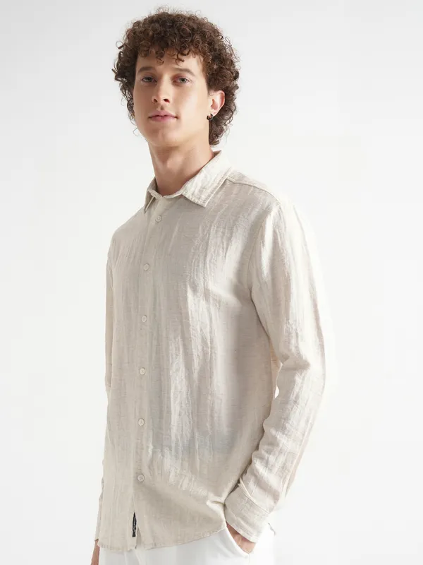 Highlander Men Beige Self Design Relaxed Fit Casual Shirt