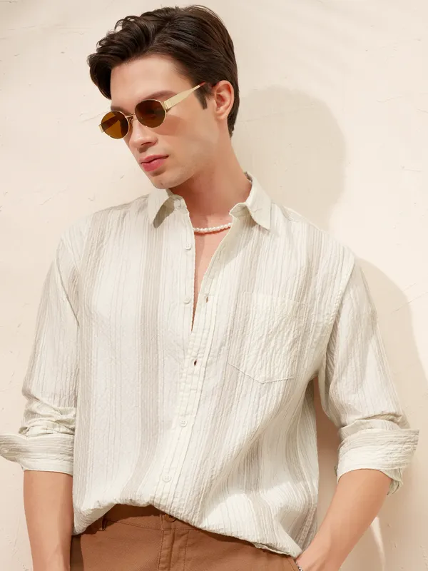 Highlander Men Beige Striped Relaxed Fit Casual Shirt