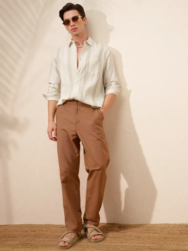 Highlander Men Beige Striped Relaxed Fit Casual Shirt