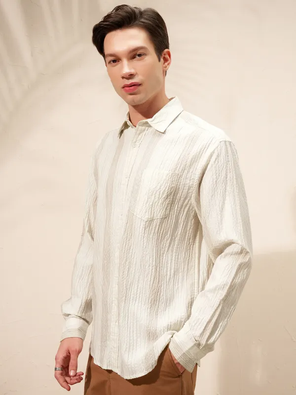Highlander Men Beige Striped Relaxed Fit Casual Shirt
