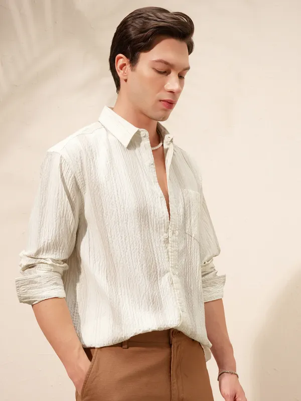 Highlander Men Beige Striped Relaxed Fit Casual Shirt