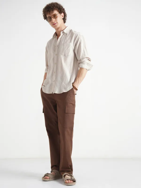 Highlander Men Beige Self Design Relaxed Fit Casual Shirt