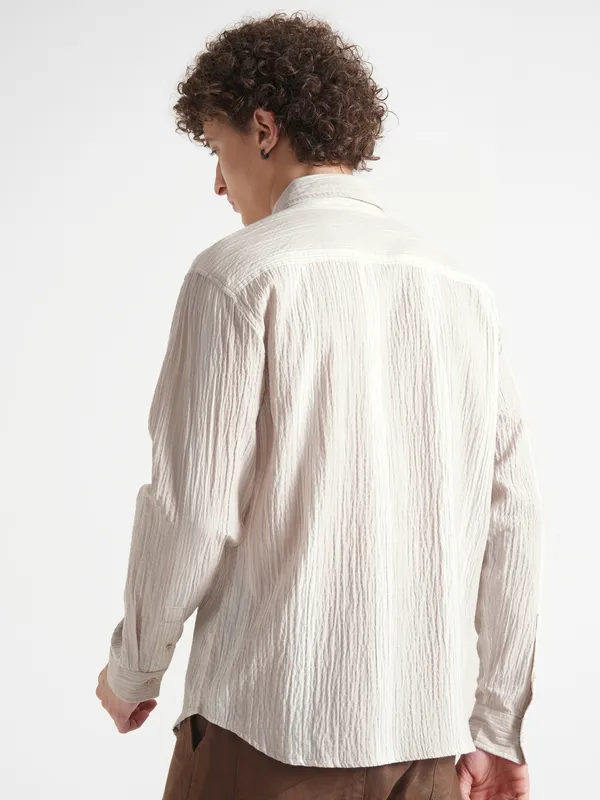 Highlander Men Beige Self Design Relaxed Fit Casual Shirt