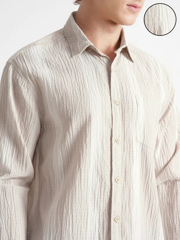 Highlander Men Beige Self Design Relaxed Fit Casual Shirt