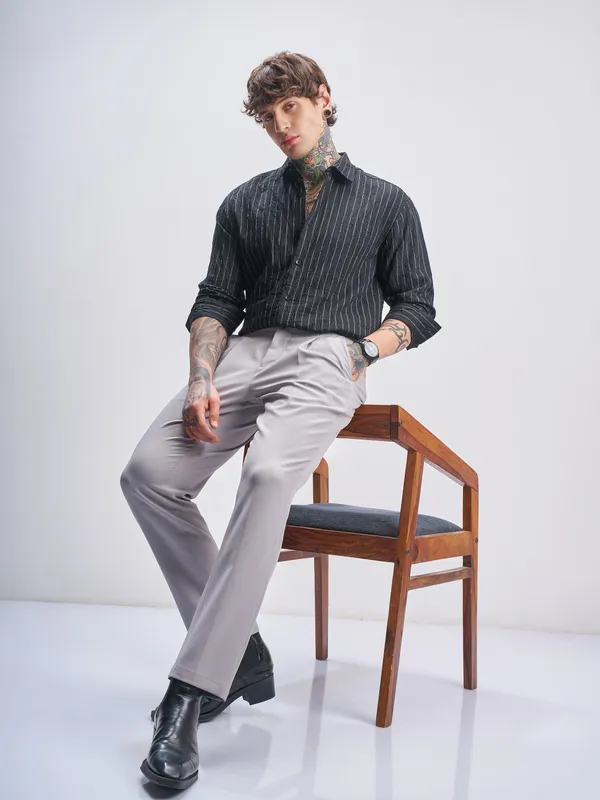 Highlander Men Black Striped Relaxed Fit Casual Shirt