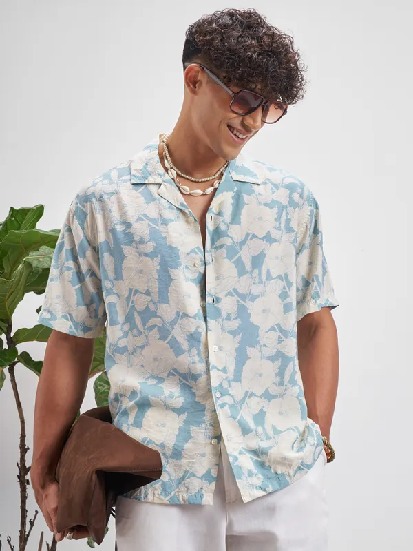 Highlander Men Blue Printed Relaxed Fit Casual Shirt