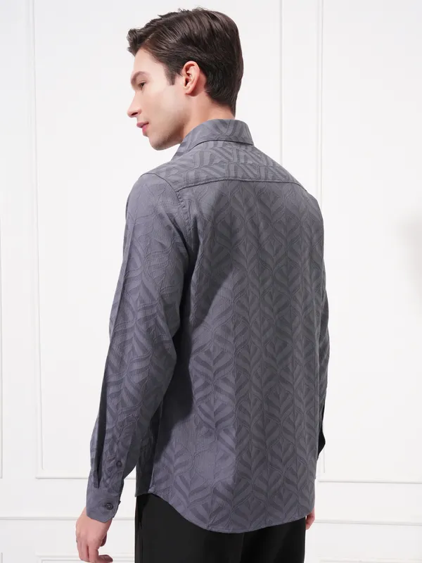 Highlander Men Grey Self Design Slim Fit Casual Shirt